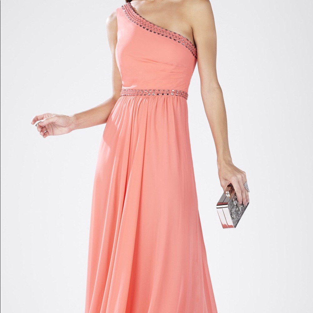 BCBG Coral Embellished One Sleeve Gown